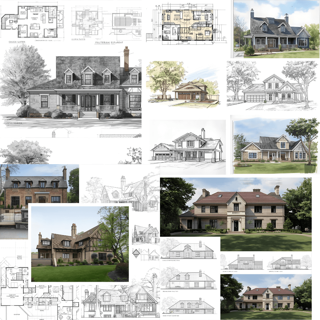 Collage mit Architekturzeichnungen, Grundrissen und Visualisierungen von Wohnhäusern